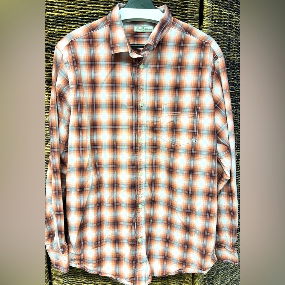 Paradise Collection-  Orange and White Casual Button‎ Down Shirt, Size: Large